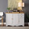 White Sideboard Buffet Cabinet with Light Wood Finish Top and Knobs