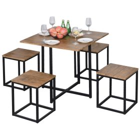 Farmhouse 5 Piece Square Walnut Wood Steel Kitchen Dining Set