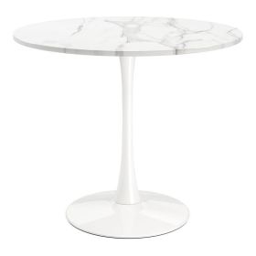 Modern Classic 35-inch Round Pedestal Dining Table Marble Top with White Base