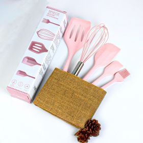 Silicone Baking Scraper Oil Brush Shovel Eggbeater Set (Color: pink)