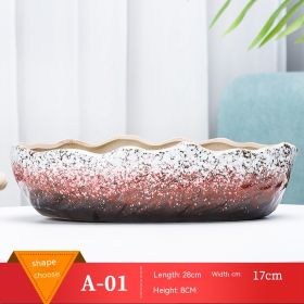 Succulent Flower Pot Shallow Mouth Oval Rectangular Large Diameter Platter Porcelain Simple Retro Stoneware (Option: Gold Wave Red-As Shown In The Figure)