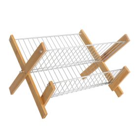 Kitchen Bamboo Folding Dishes Draining Storage Rack (Option: Silver Iron Net)