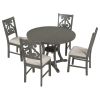 5-Piece Round Dining Table and 4 Fabric Chairs with Special-shaped Table Legs and Storage Shelf